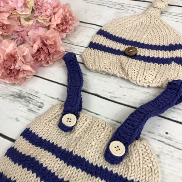 Newborn Baby Hand Knit Blue & Khaki Outfit Photography Prop - Picture 5 of 11